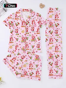 3-Piece Strawberry Girl Women's Casual Print Pajama Set, Short Sleeve Button-Up Top, Elastic Shorts and Pants, Comfortable Home Wear