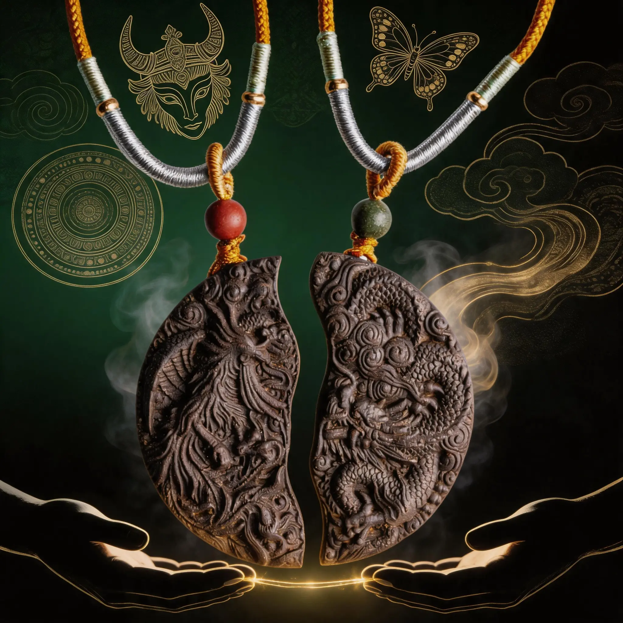 Destiny Pair Plaques - Dragon & Phoenix Aromatherapy Pendant Set, 2 Halves-1 Whole Ancient Alchemy Bonded Hanging Home Decor Necklace