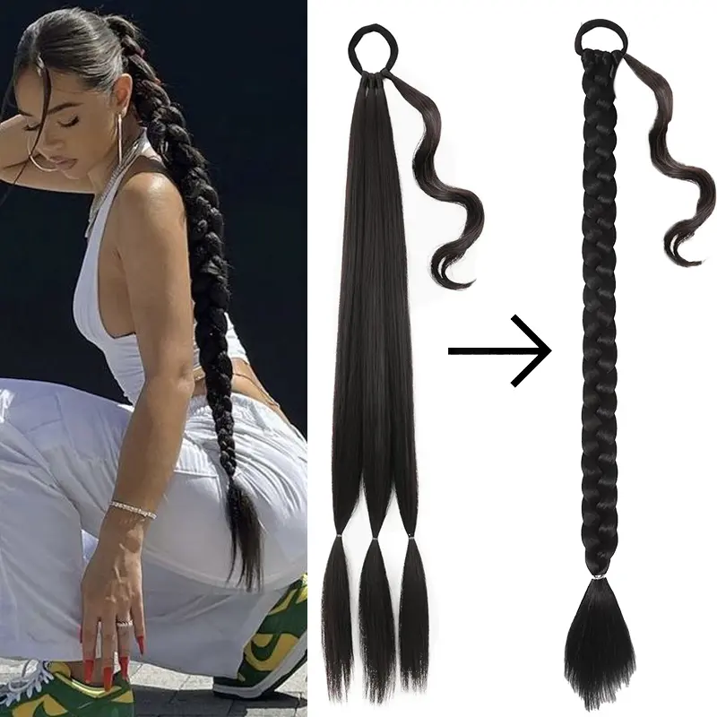 DIY Braid Extensions Long Braided Ponytail Extension With Hair Tie Yaki Straight Wrap with Synthetic Hair Pieces for Black Women 32 Inch