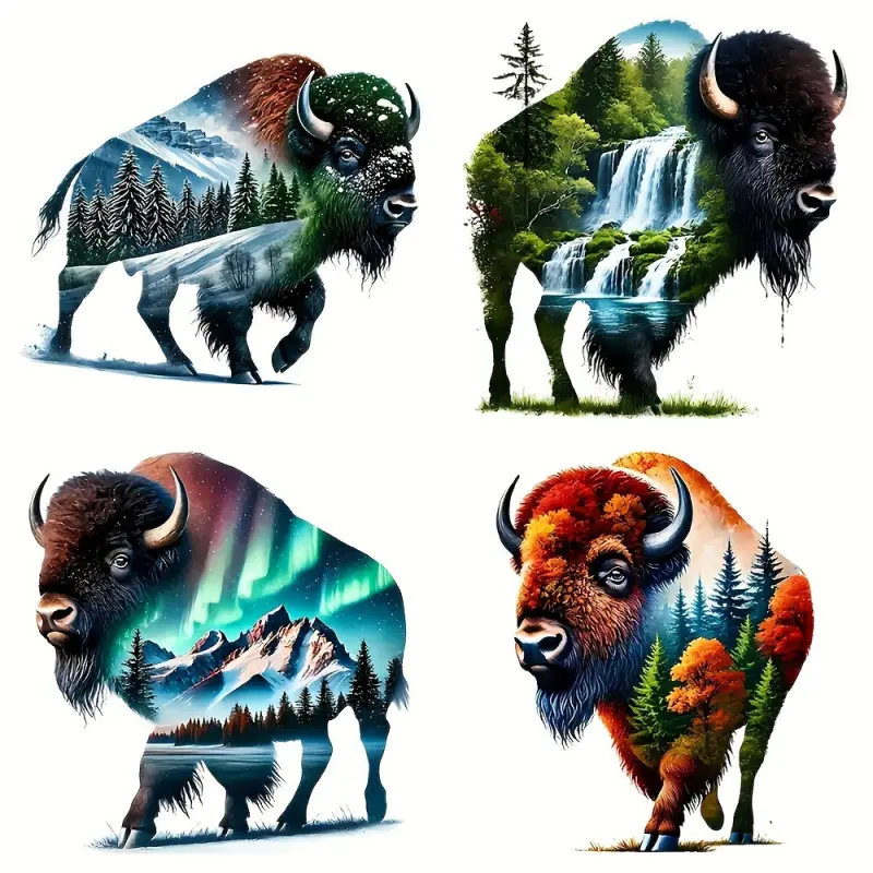 4 Bison Heat Transfer Stickers - Nature-Themed Animal Pattern Vinyl Iron-On Patches, Suitable for DIY T-Shirts, Canvas Bags, and Pillows, Durable and Easy to Apply, Multi-Color Creative Handcrafted Art Apparel Decorations