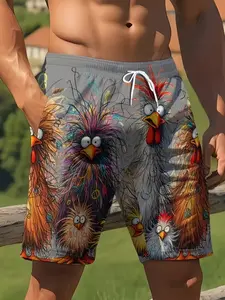 Men's Sporty Swim Trunks, Colorful 3D Chicken Print, Casual Beachwear, Surf & Dive Gear, Elastic Waistband, Summer Shorts