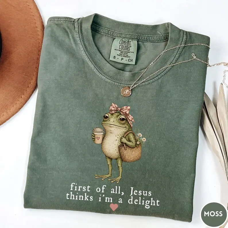 Comfort Colors First Of All, Jesus Thinks I'm A Delight Shirt, Funny Christian Frog Tee, Humorous Religious T-Shirt, Faith-Based Graphic Shirt, Christian Gift