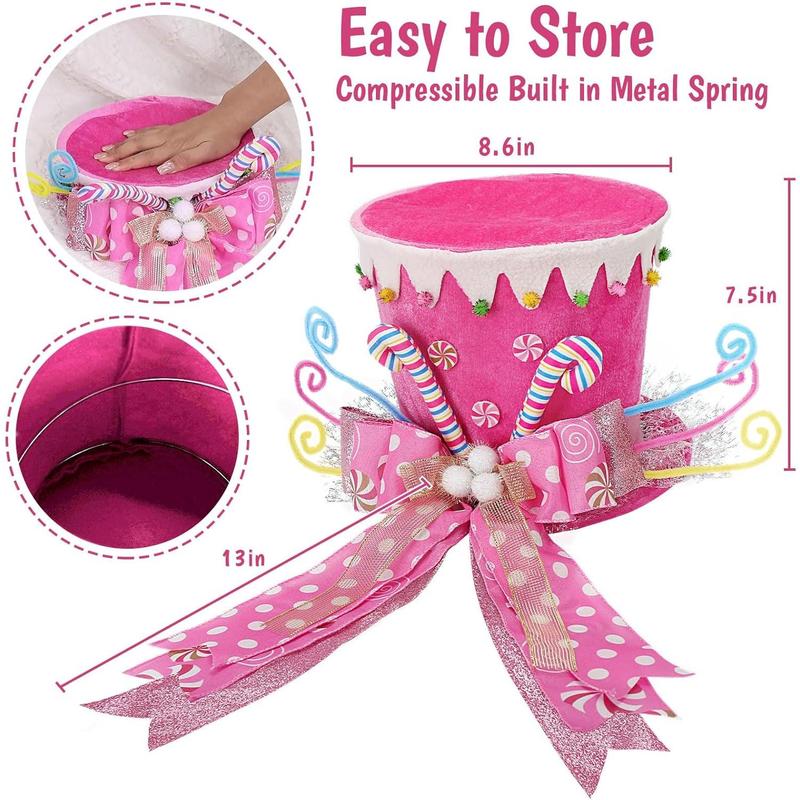 Candy Cane Christmas Tree Topper,Candy Cane Christmas Decorations,Velvet Pink Hat with Peppermint Bows Ribbon Ornaments,Top Hat Christmas Tree Topper for Holiday Xmas Decorations (Pink)