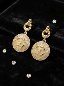 1 Pair of 18K Gold-Plated Double C Round Pendant Earrings, Cubic Zirconia Women's Earrings, Luxurious Designer Style Pendant Copper Earrings, Ideal Gift For Her