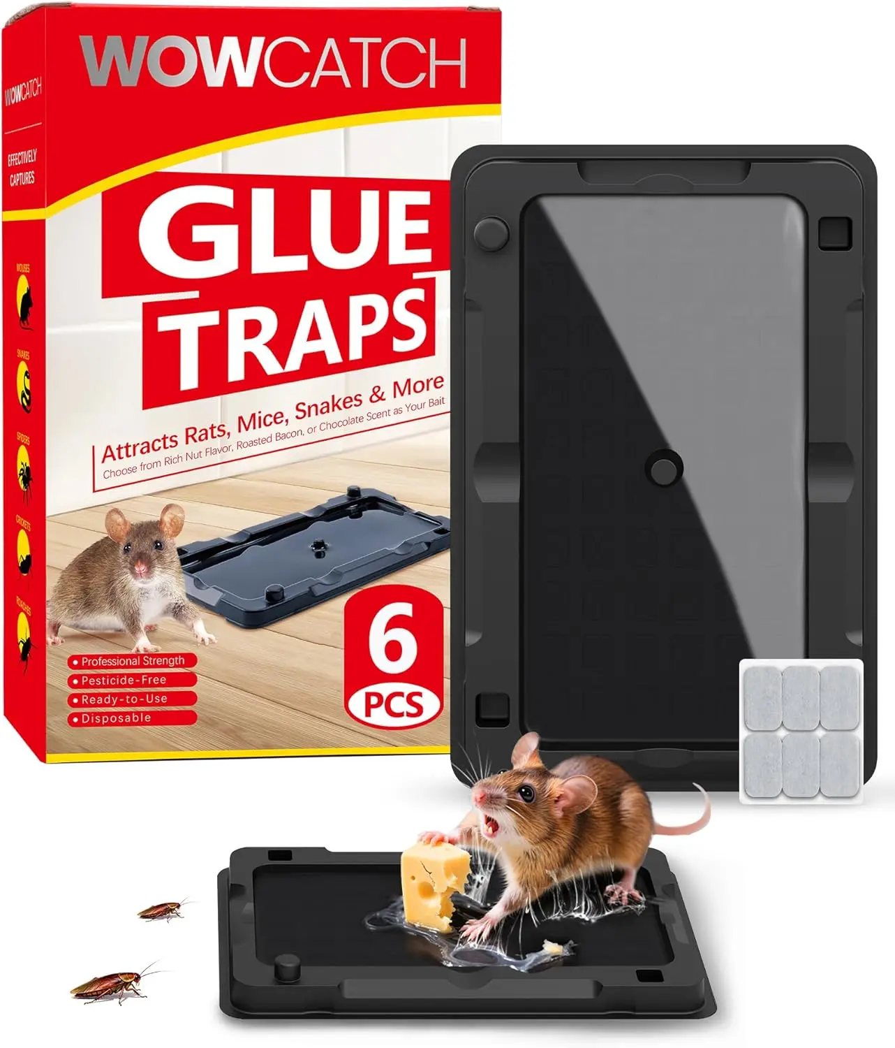 Wowcatch 6-Pk Pre-Baited Sticky Mouse Traps - Pet-Safe, Non-Toxic Indoor Pest Control Glue Boards for Home, Kitchen to Catch Rodents, Roaches, Spiders, Lizards