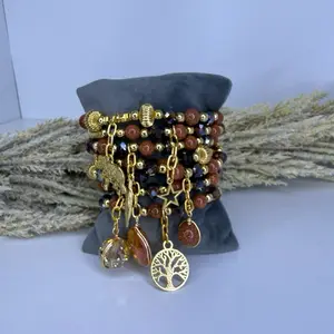 Weekly with charm Beaded Bracelet Set with Gold Charms and Tree of Life Pendant for Women