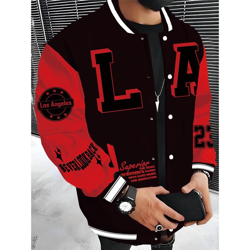Men's Los Angeles LA Baseball Jacket Red Black with White Lettering SUPERIOR QUALITY Embroidery Lightweight Warm Polyester Varsity Coat Snap Button Closure Machine Washable Hip Hop Rock Style Urban Streetwear Casual Outerwear Comfortable for Daily Wear