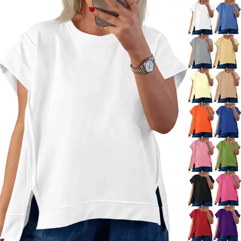 Tankaneo Womens Oversized Short Cap Sleeve T-Shirts Crew Neck Side Slit Tops Summer Casual Loose Fit Tees Tunic Shirts