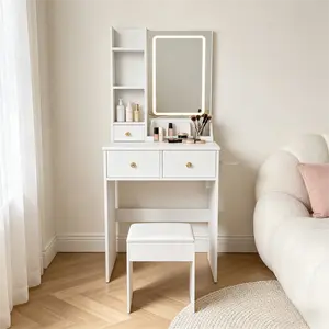Small Vanity Desk Set with 3 Modes Adjustable LED Lights, 3 Storage Drawers, Hair Dryer Holder & Power Socket, Plus Dressing Chair