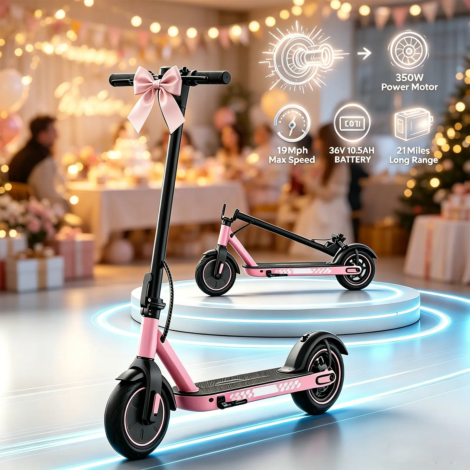 Girls' Pink Foldable Electric Scooter - 350W Brushless Motor Commuter E-Scooter, 36V Battery, 10" Solid Tires, Dual Brakes, Smart App Control, 19 Mph Max Speed, 21 Mi Long Range, Birthday Gift