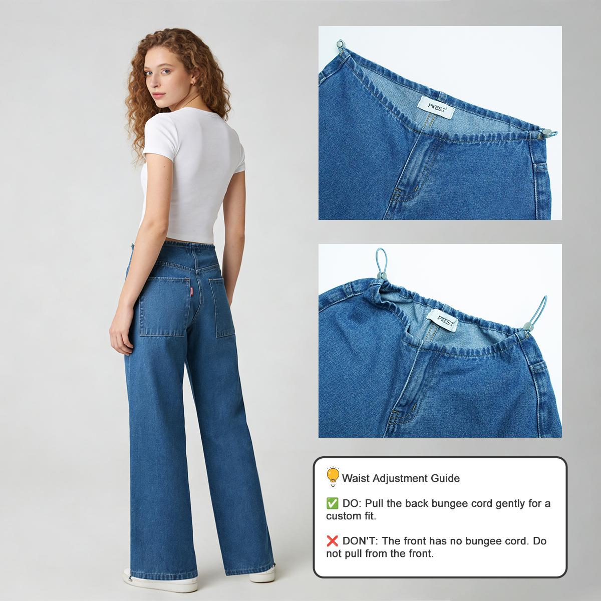 Pwest NYC Adjustable Low-Rise Wide-Leg Jeans — Adjustable Drawstring Waistband/Hem, Relaxed Straight Cut, Soft Daily Wear-Spring Summer