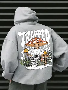 【Plus Size】 Letter & Mushroom Print Hoodie, Casual Drawstring Hooded, Men's Regular Fit Casual Graphic Hooded Sweatshirt for Fall & Winter, Men's Plus Size Clothes for Daily Wear, Tops