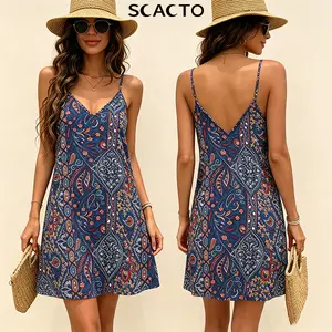 Scacto Women's Sleeveless Bohemian Printed V-Neck Spaghetti Strap Backless A-Line Dress - 100% Polyester Thin Fabric, Comfortable Style, Ideal for Music Festivals, Sizes S,M,L,XL,2XL,3XL