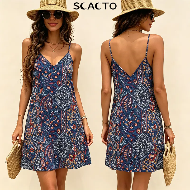 Scacto Women's Boho Hippie Woven A-Line Dress - V-Neck, Sleeveless Spaghetti Strap, Backless, 100% Polyester Thin Fabric, 2XL Print, Dry Clean, Festival, Party Wear (Boho Clothes for Women)