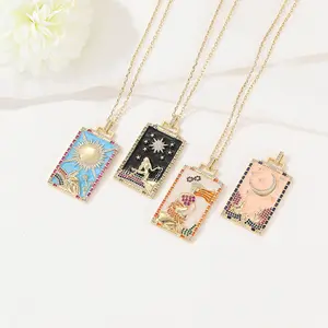 HBXL1014 Vintage Tarot Card Necklace for Women, Celestial Enamel Pendant, Dainty Sun Moon Star Strength Tarot Jewelry Gift for Her