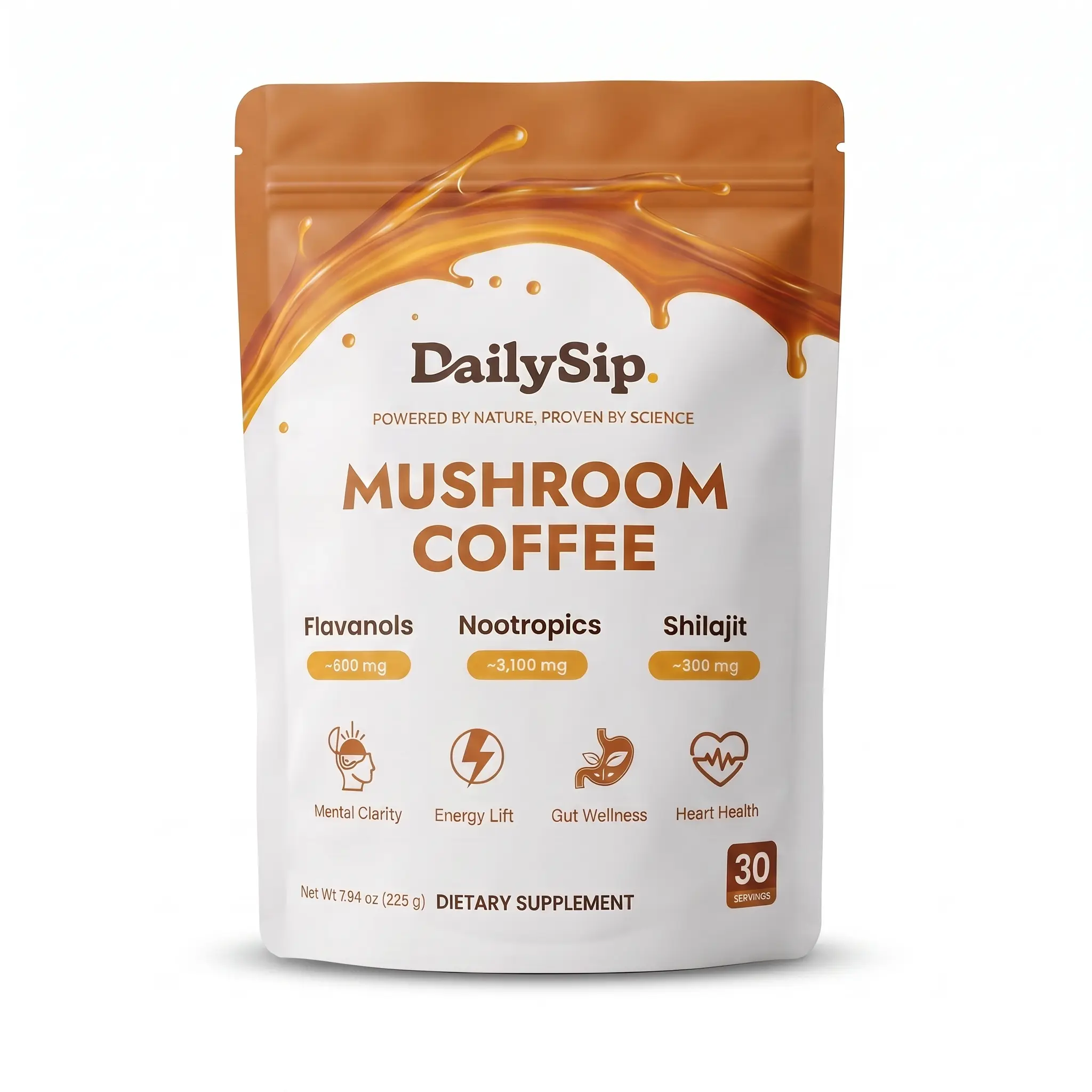 DAILYSIP Mushroom Coffee with 1000mg Lions Mane, Cordyceps & Chaga, Shilajit, L-Theanine, Cocoa Flavanols for Calm Energy, Focus, Clarity, Gut Wellness, No Crash, Only 20mg Caffeine, Sugar Free, Plant Based, Instant Arabica Blend, 30 Servings, Pack of 1