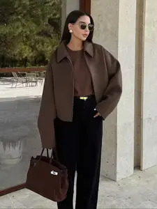 Women's Autumn Casual Jacket, Cute Stand Collar Zipper Pocket Warm Coat, Loose-Fitting Office Commuter Jacket, Thick Fabric, Outerwear