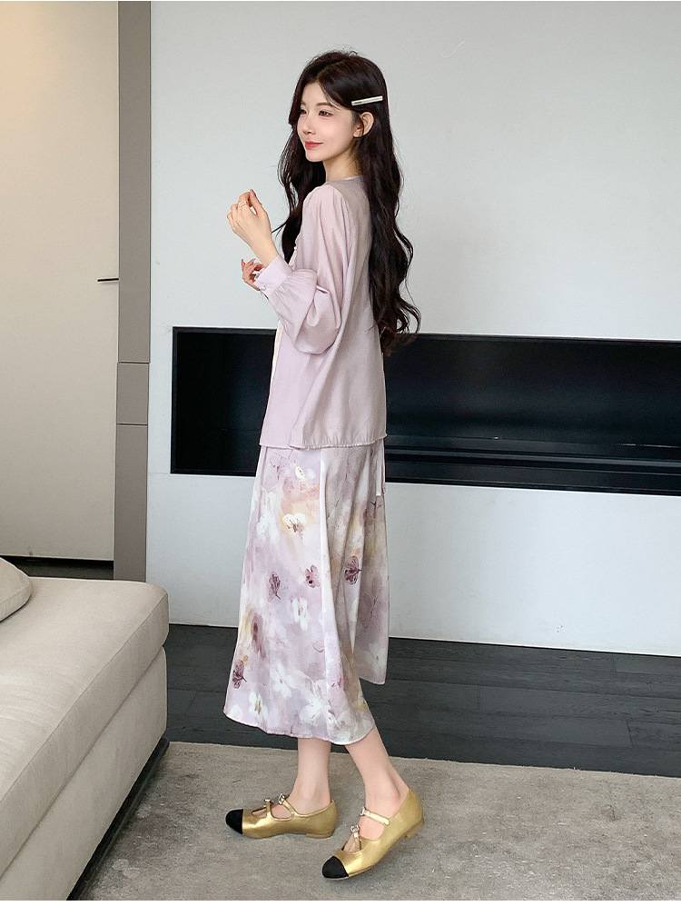 Sweet And Gentle Style Purple Printed Slip Dress Shirt And Cardigan Two-Piece Set