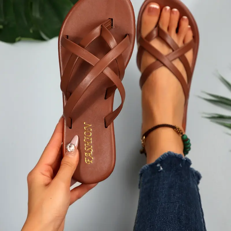 Spring Summer Women's Cross Strap Sandals, Crisscross Open Toe, Open-Toe Flat Slippers, Beach Home Outdoor Casual Shoes, Artificial Leather, PVC Sole