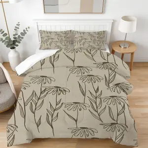 Boho Daisy Floral Comforter Set, 1 Comforter with 1/2 Pillowcases, Minimalist Line Art Wildflower Bedding for Bedroom, Dorm & Guest Room, Decor for Adults