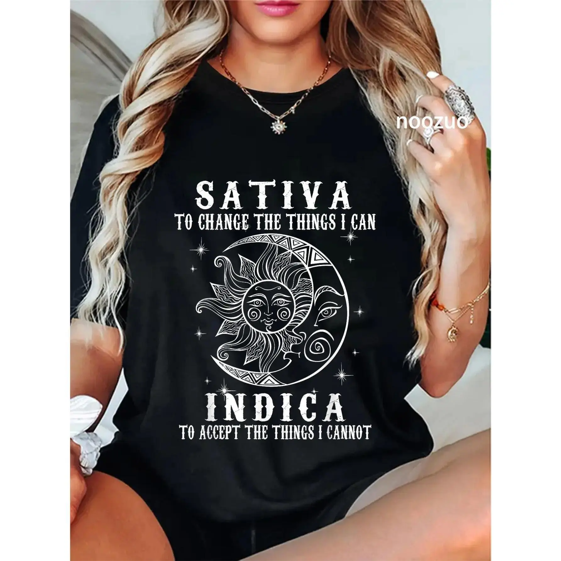 Women's 100% Cotton Round Neck Streetwear T-Shirt - Unisex Sativa Indica Cannabis Weed Graphic Top, Casual Father's Day Gift t0413
