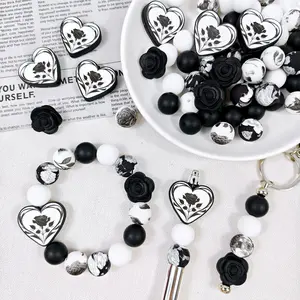 56 Silicone Beads Rose Heart-Themed for Earrings Necklaces Bag Chains Bracelets Pens Phone Charms Makeup Brushes Keychains DIY Kit Accessories Christmas Valentine's Day Gifts