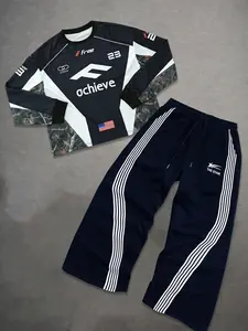 Men's Casual Graphic Jersey Set with Sports Pants, Athletic Activewear Tracksuits, Comfortable Fitted Design for Autumn and Winter, Trendy Everyday