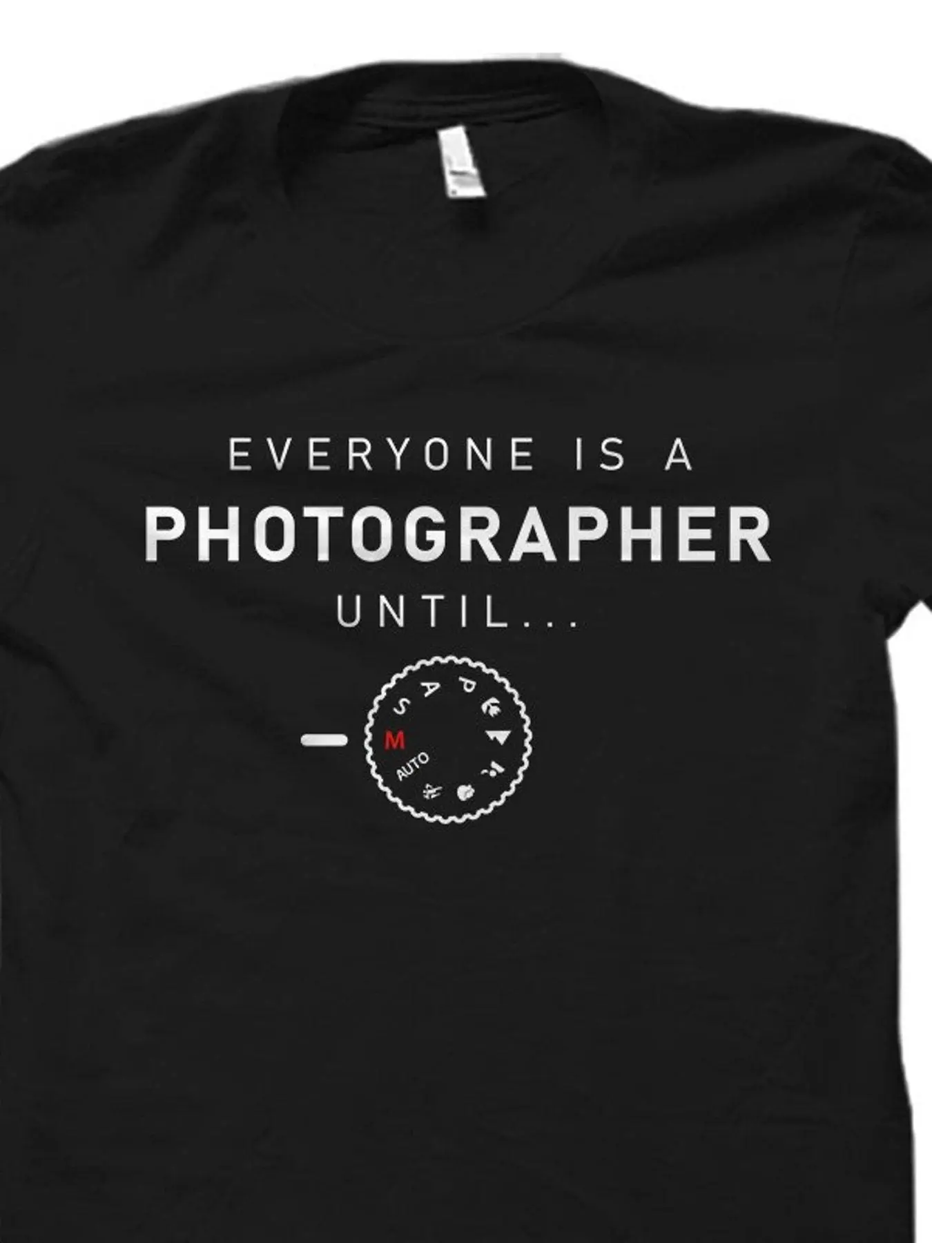 Professional Photographer's Cotton T-Shirt - Black with White Camera & Shutter Speed Print "Everyone is a Photographer Until They Hit F/Stop" Quote - Durable All-Season Casual Round Neck Tee for Photography Enthusiasts Perfect Gift for Halloween Thanksgiv