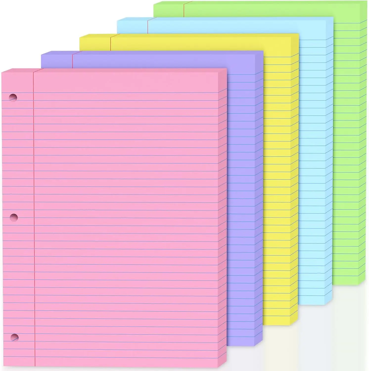 100 Sheets Colored 8x10.5 Inch Loose Leaf Paper, 5 Colored College Ruled 3 Hole Punched Notebook Paper, Color-Coded Note Taking for Students & Teachers, Office & School Supplies，20 Sheets Per Color
