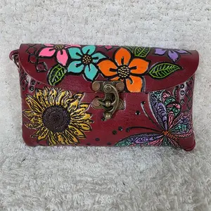 Mexican Hand-Tooled Leather Butterflies & Flowers Red Clutch Wristlet Bag
