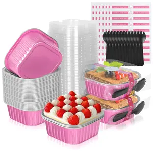Aluminum Foil Brownie Pan with Lids, 40 Pack Square Cake Pans, Disposable Ramekins Cupcake Cups Containers Large Muffin Tin Holder for Catering Gathering