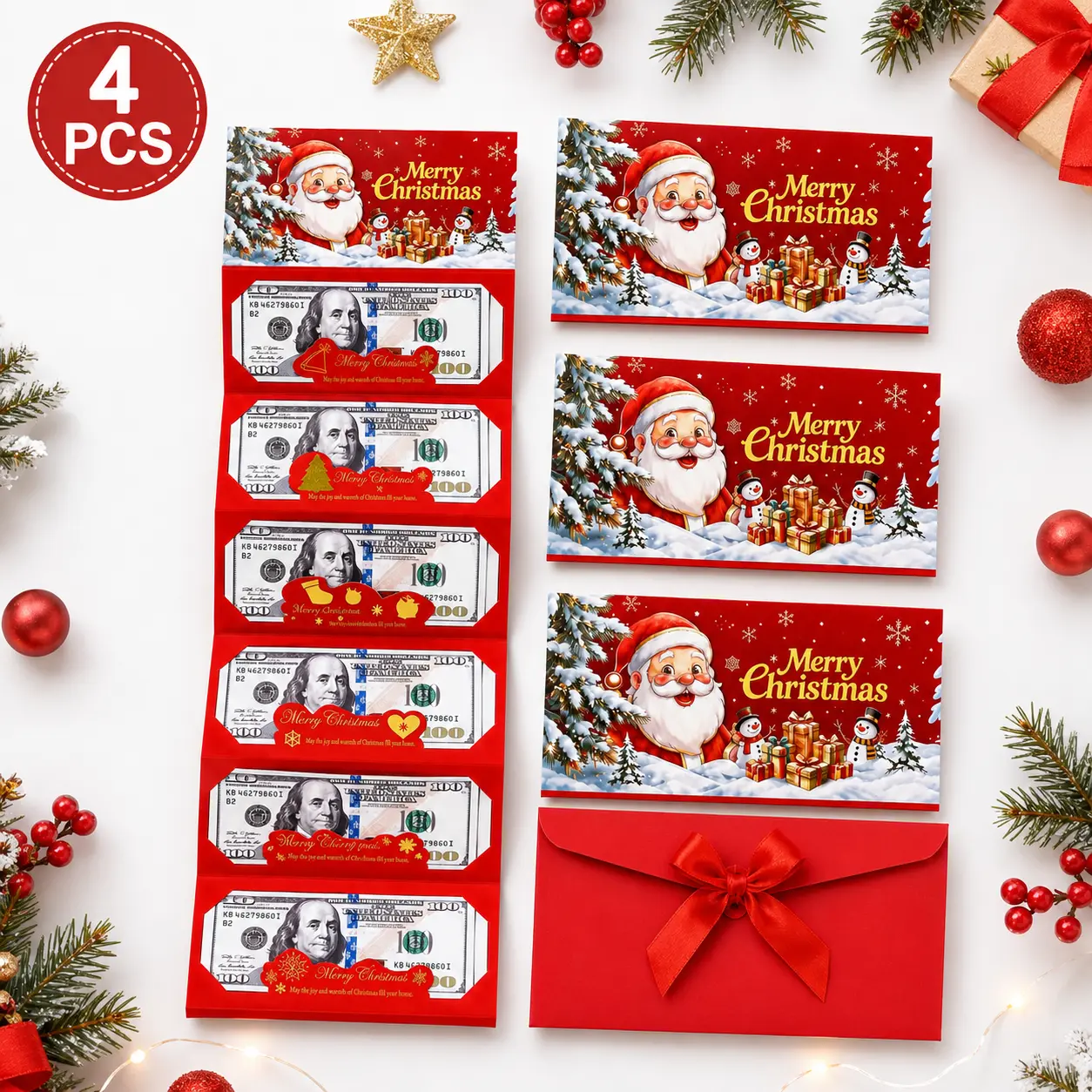 Christmas Money Envelopes (1/2/4 Pcs) with Greeting Card, Folding Design Cash Storage Holder with 6 Slots, Luxury Paper Office Stationery, DIY Xmas Gift for Family, Xmas Party Supplies