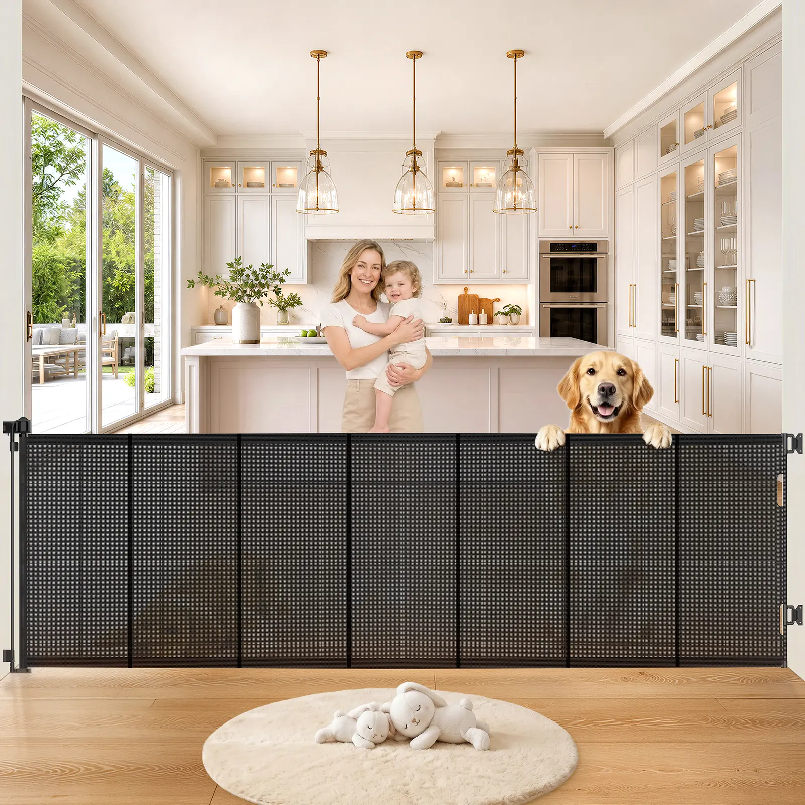 Retractable Mesh Baby & Dog Gate, 34" Tall Pet Safety Gate, Extends Up to 46"/80"/120"/150" Wide Fiberglass Reinforced Child Proof Barrier, Indoor Outdoor Safety Gate for Doorways, Stairs, Hallways, Black