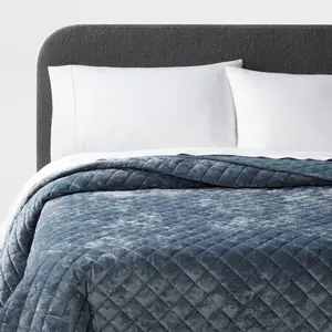 Full/Queen Luxe Diamond Stitch Velvet Quilt Slate Blue - Threshold