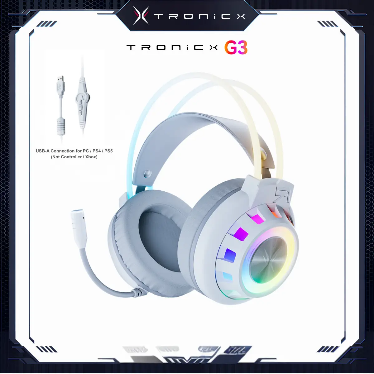 TAGRY TRONICX Upgraded G3 Wired PC Gaming Headset with 50mm Driver, ENC Microphone, USB-A Headset with 7.1 Surround Sound, Control Box for PC/PS5 Cons