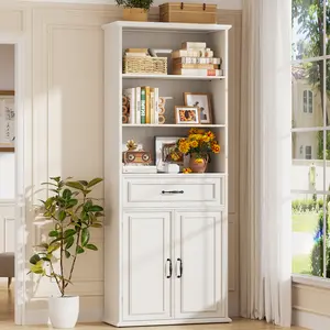 Cyclysio 25" W Retro Bookcase with Drawer and Doors, 25"W x 80"H x 12.5"D,Farmhouse Bookshelves with 3 Open Shelves for Home Office, Living Room