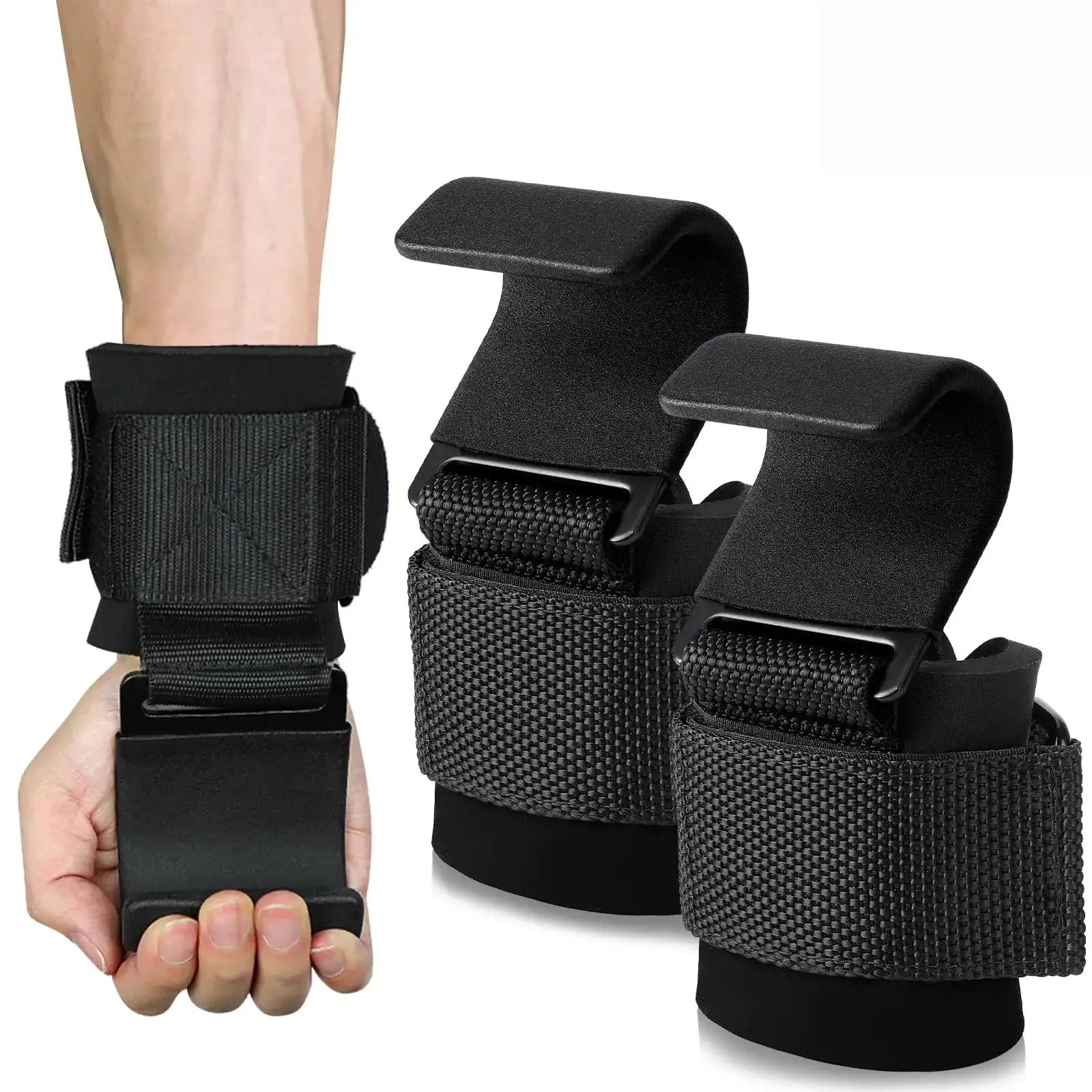 Lifting Hooks with 8mm Padded Neoprene Wristbands for Men & Women - Adjustable Straps for Weightlifting & Pull-Up Bars - Comfortable & Durable Fitness Training Straps