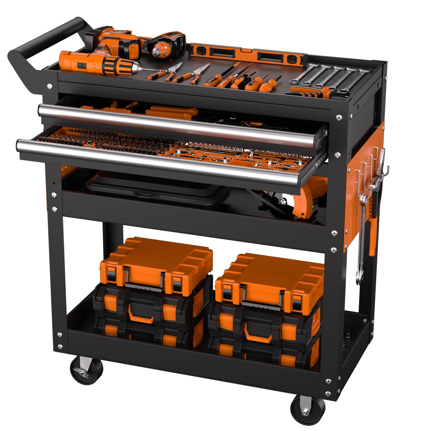 Garvee 5-Tier Heavy-Duty Carbon Steel Rolling Tool Cart with 400lb Capacity, Smooth Casters, Lockable Drawer, Adjustable Side Pegboards & Pegboard Hooks, Easy-Install Metal Utility Organizer for Garage, Workshop