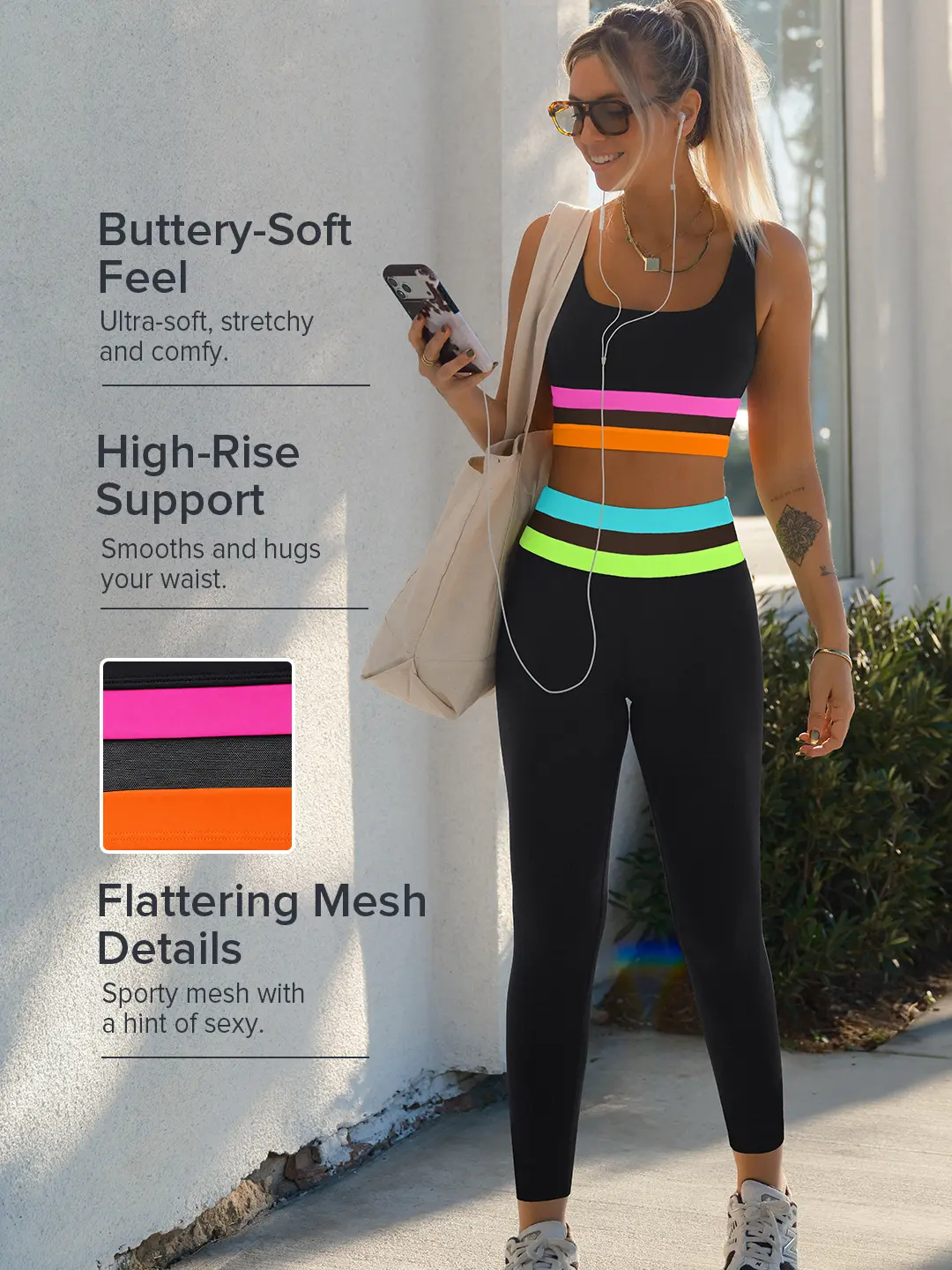 POPVIL Active Women's Neon Colorblock Yoga Set High Waisted Leggings & Sports Bra Activewear Workout Outfit,Mesh Patchwork 2 Piece Workout Set