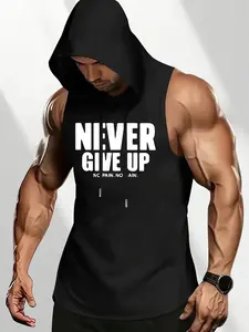 Men's Sleeveless Hoodie Tank Top 2025 Trending Muscle Fit Gym Workout Shirt, Sleeveless Gym Tops, "Never Give Up No Pain No Gain" Motivational Print, Breathable Black Athletic Hooded Vest for Bodybuilding, Fitness Training, Casual Wear, Gym Clothing