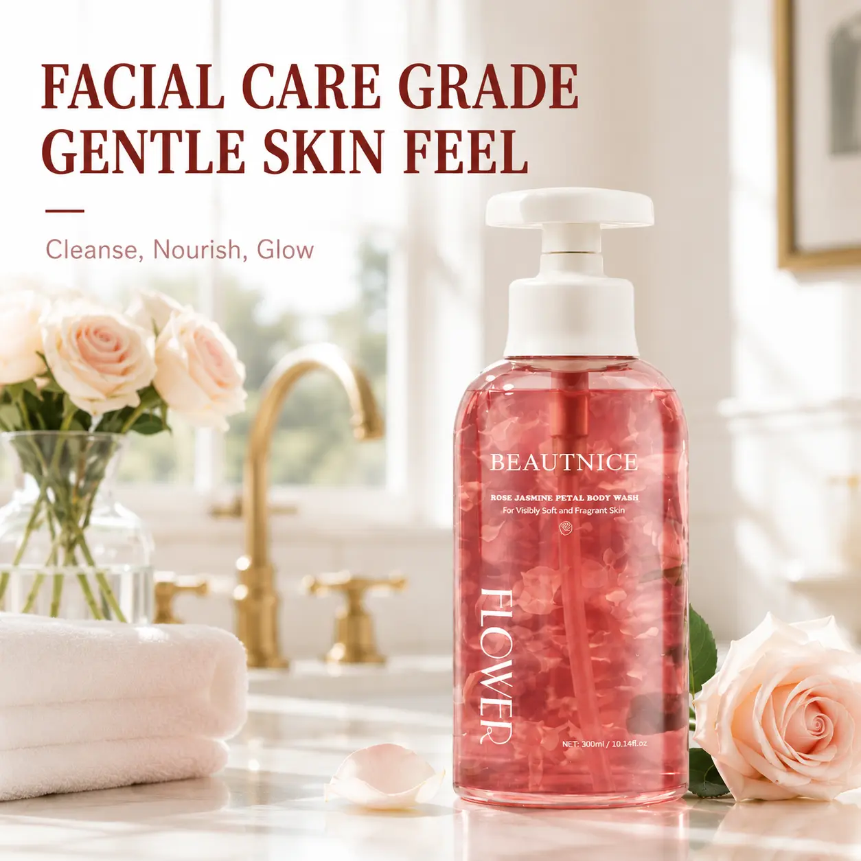 Rose Petal Body Wash - Purifying High-End Spa Experience Bath & Shower Cleanser, Daily Bodycare Gel with Real Roses, Fresh Clean Lather for Smoothing Rough Skin, Balancing Oil, Brightening, Odor Control, Anti-Itching, Toning Up, Smelling Good, Bodywash, F