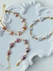 Starry Pearl Dreams Bracelet - Handmade Natural Freshwater Pearls 18K Gold-Plated Brass Star-Shaped Beads Pink Lavender Silver-White 6.3 Inches + 1.9 Inch Extender