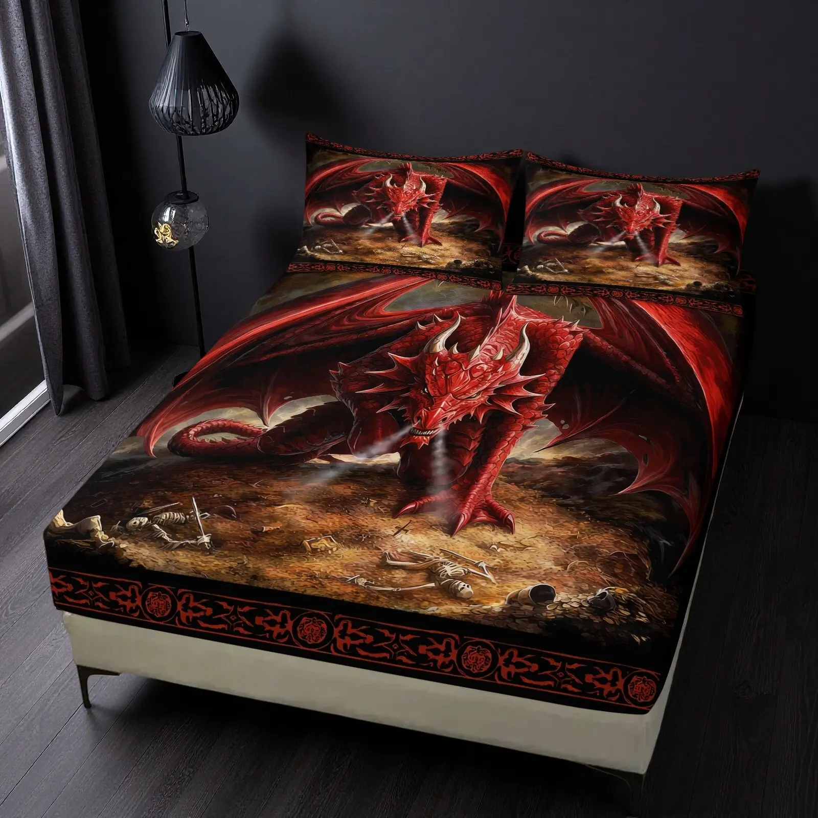 Fantasy Red Dragon Fitted Sheet Set, 1 Fitted Sheet with 2 Pillowcases, Gothic Medieval Bedding for Bedroom, Dorm & Guest Room, Decor for Fantasy Fans & Adults
