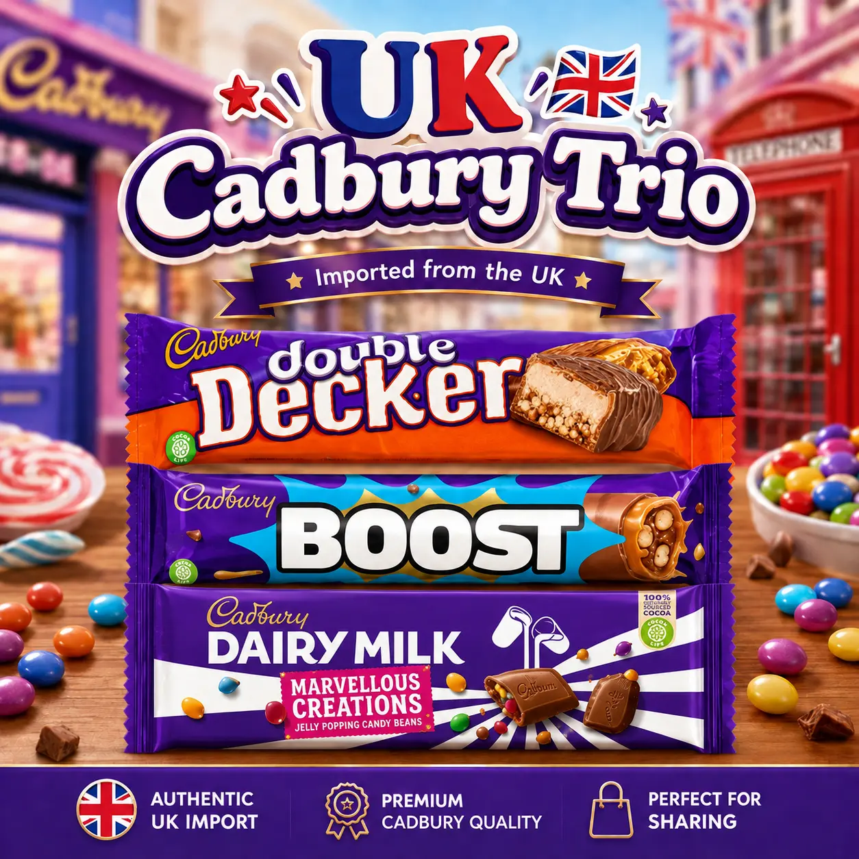 Cadbury UK Trio - Double Decker, Boost, Dairy Milk Marvellous Creations - Authentic UK Import, Premium Quality, Perfect for Sharing