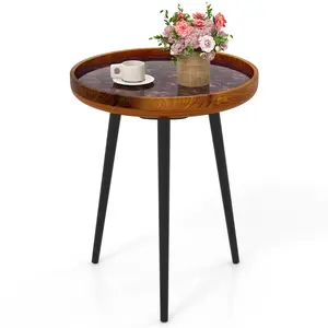 COSTWAY - 16 Inch Round End Table with Sea Shell Decoration and Epoxy Resin Finish-Brown