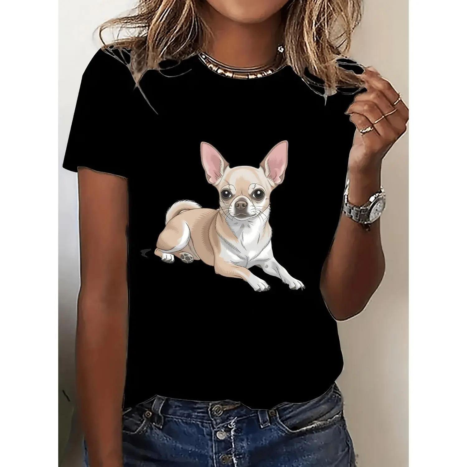 Chihuahua Print T-Shirt for Women White Casual Short Sleeve Round Neck Soft Dog Theme Top with Realistic Pattern Breathable Stretch Fabric and Machine Washable Comfort