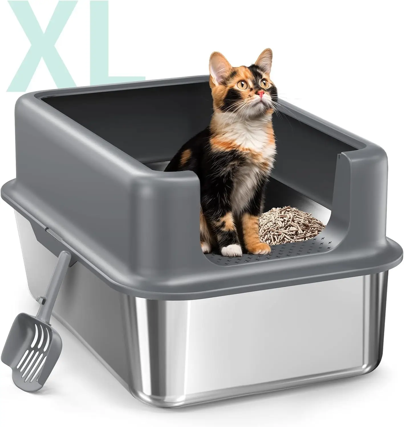 FELIMODA Cat Litter Box,Stainless Steel Litter Box with Lid,Large Litter Box for Big Cats,Extra Large Kitty Litter Box with High Wall Sides Enclosure,