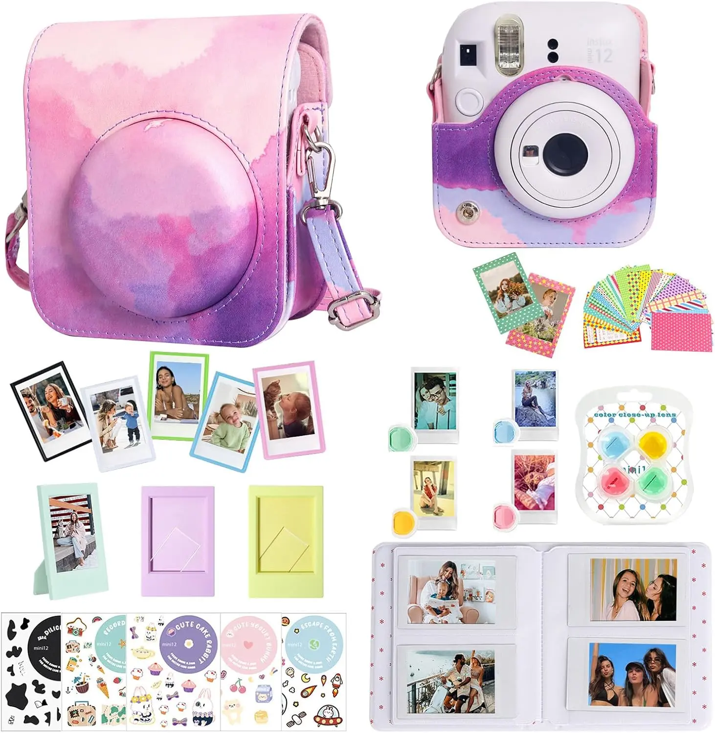 Accessories for  Instax Mini 12  Camera, Accessory Bundle Include PU Leather 12 Case, Mini Picture Album, Frames, DIY Stickers, Color Filter (No Camera) - Dreamy Clouds