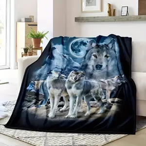 Ultra-Soft Moon Wolf Print Blanket - Cozy Animal Sofa Throw for Boys, Teens, and Dads - Perfect Gift for All Seasons