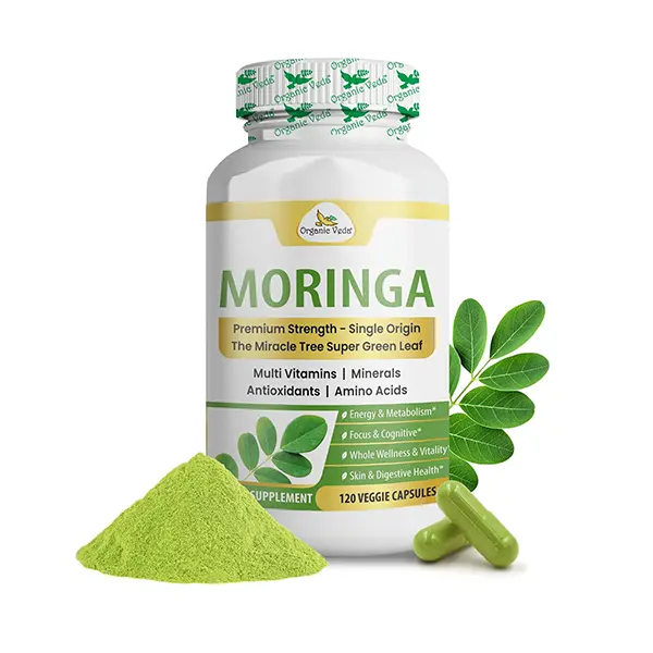 Organic Moringa Capsules 1000mg, Pure Moringa Leaf Superfood with Vitamins & Antioxidants, Supports Energy, Digestion, Brain & Skin Health, Vegan, 120 Capsules
